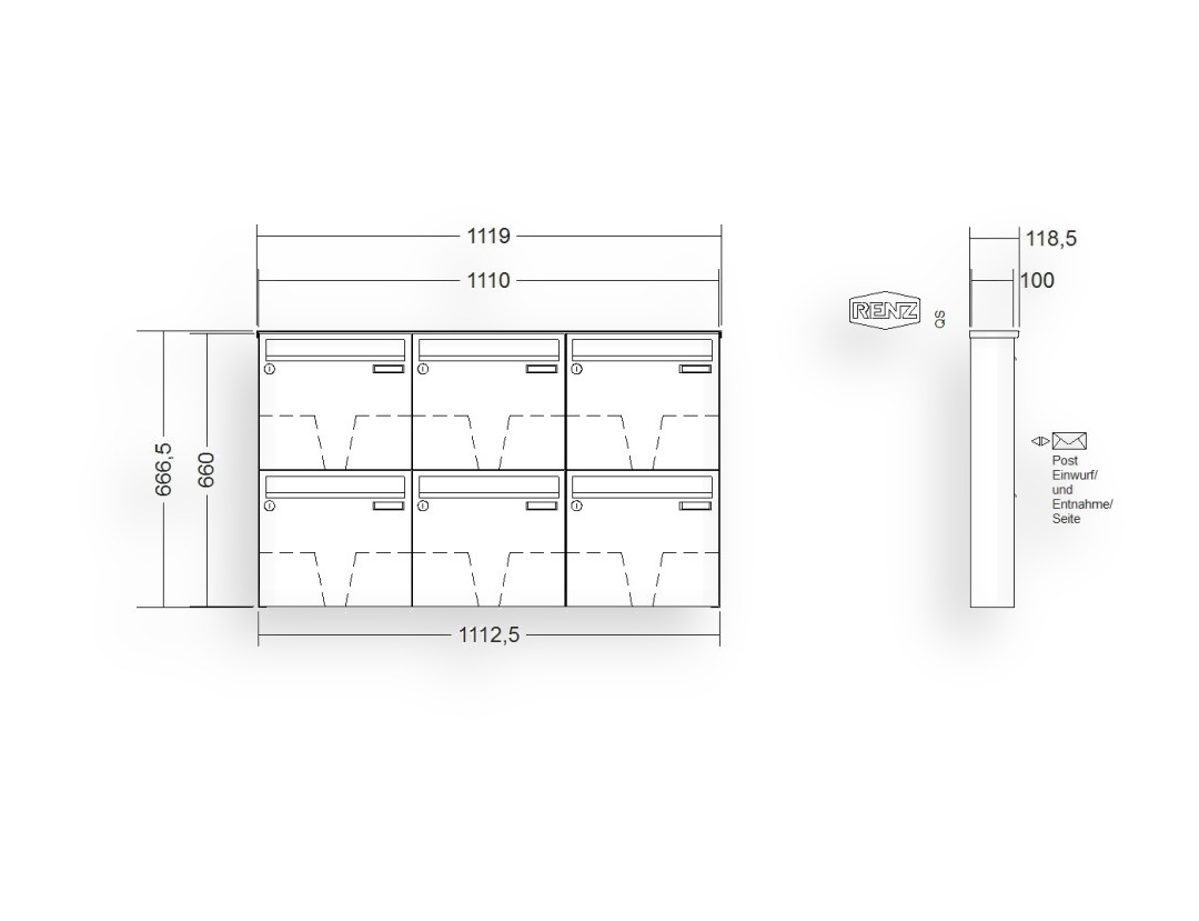RENZ Briefkastenanlage Aufputz · BASIC (B) · 6-teilig 370 × 330 × 100 mm AP. Typ B lackiert RENZ Briefkastenanlage Aufputz · BASIC (B) · 6-teilig 370 × 330 × 100 mm AP. Typ B lackiert