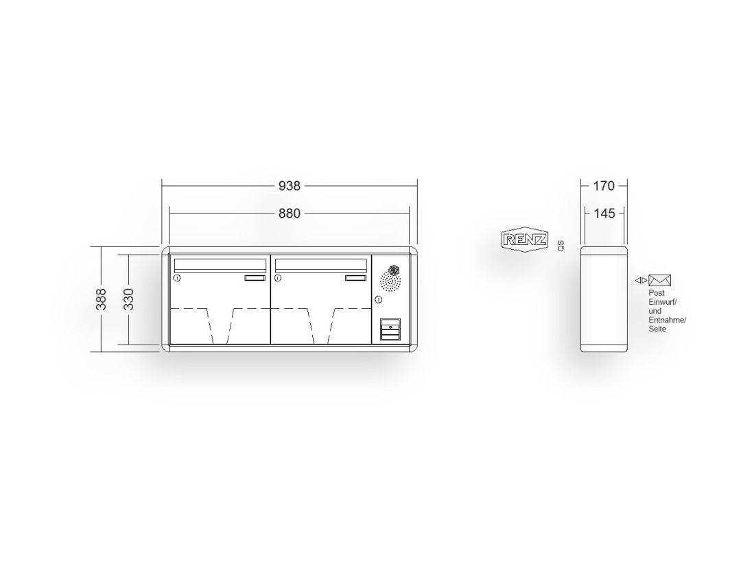 RENZ Briefkastenanlage Aufputz · 2-teilig Installationskasten rechts 370 × 330 × 145 mm RS 2000 lackiert RENZ Briefkastenanlage Aufputz · 2-teilig Installationskasten rechts 370 × 330 × 145 mm RS 2000 lackiert