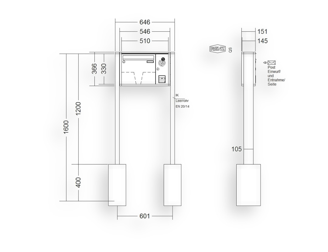 RENZ Briefkastenanlage freistehend · 1-teilig Installationskasten rechts 370 × 330 × 145 mm QUADRA lackiert RENZ Briefkastenanlage freistehend · 1-teilig Installationskasten rechts 370 × 330 × 145 mm QUADRA lackiert