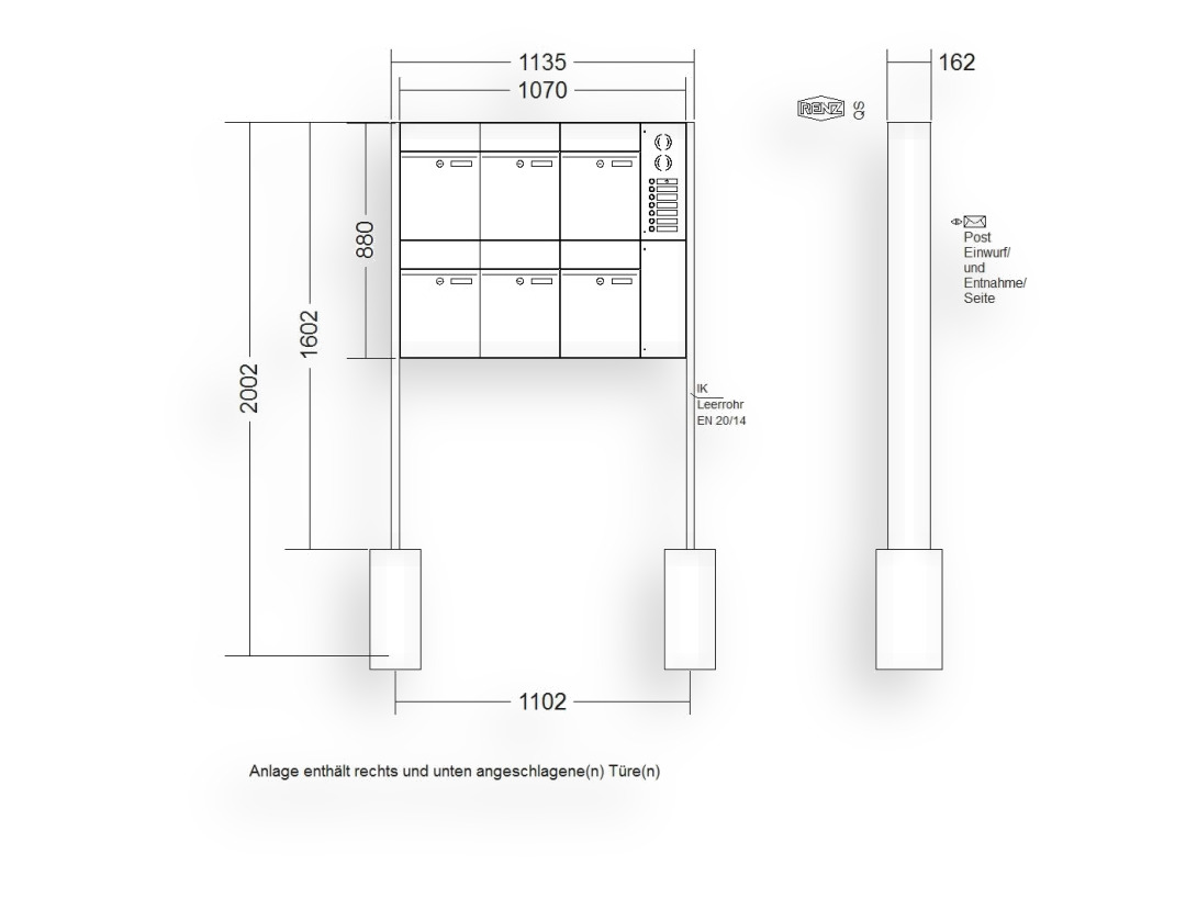 RENZ Briefkastenanlage freistehend · 6-teilig RENZ PLAN 300 × 440 × 160 mm FS Installationskasten rechts lackiert RENZ Briefkastenanlage freistehend · 6-teilig RENZ PLAN 300 × 440 × 160 mm FS Installationskasten rechts lackiert
