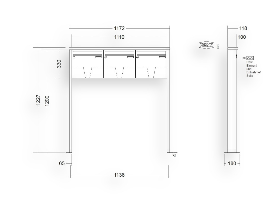 RENZ Briefkastenanlage freistehend · 3-teilig 370 × 330 × 100 mm Edelstahl Tetro mit Fuß RENZ Briefkastenanlage freistehend · 3-teilig 370 × 330 × 100 mm Edelstahl Tetro mit Fuß