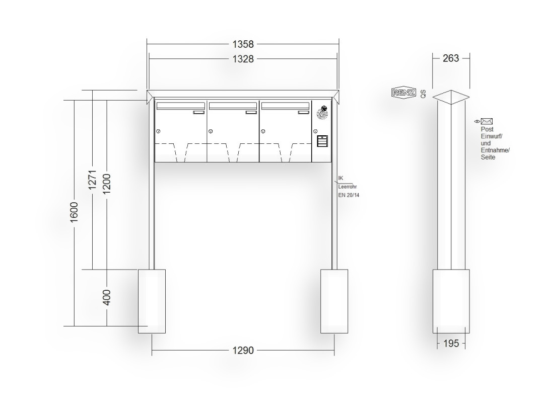RENZ Briefkastenanlage freistehend · 3-teilig Installationskasten rechts 370 × 440 × 145 mm Prisma lackiert RENZ Briefkastenanlage freistehend · 3-teilig Installationskasten rechts 370 × 440 × 145 mm Prisma lackiert