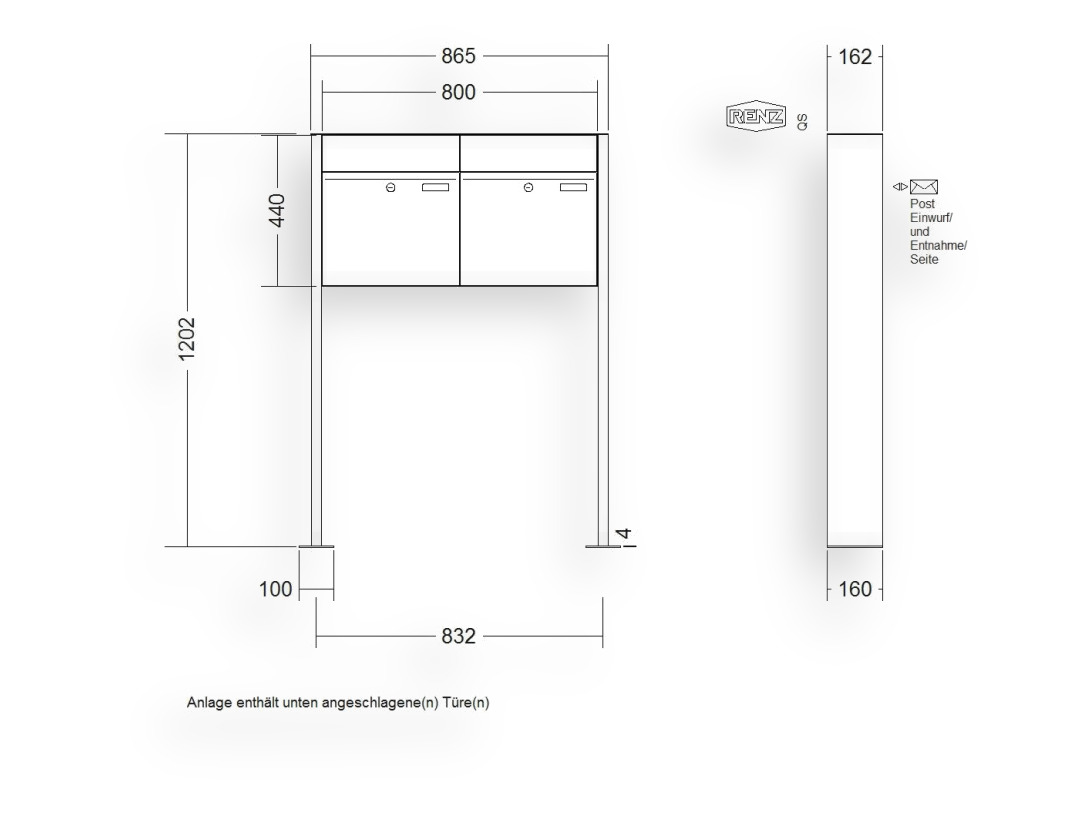 RENZ Briefkastenanlage freistehend · 2-teilig RENZ PLAN 400 × 440 × 160 mm FS Edel. mit Fußplatt RENZ Briefkastenanlage freistehend · 2-teilig RENZ PLAN 400 × 440 × 160 mm FS Edel. mit Fußplatt