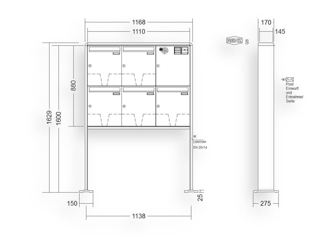 RENZ Briefkastenanlage freistehend · 5-teilig Installationskasten rechts 370 × 440 × 145 mm RS 2000 lackiert mit Fuß RENZ Briefkastenanlage freistehend · 5-teilig Installationskasten rechts 370 × 440 × 145 mm RS 2000 lackiert mit F