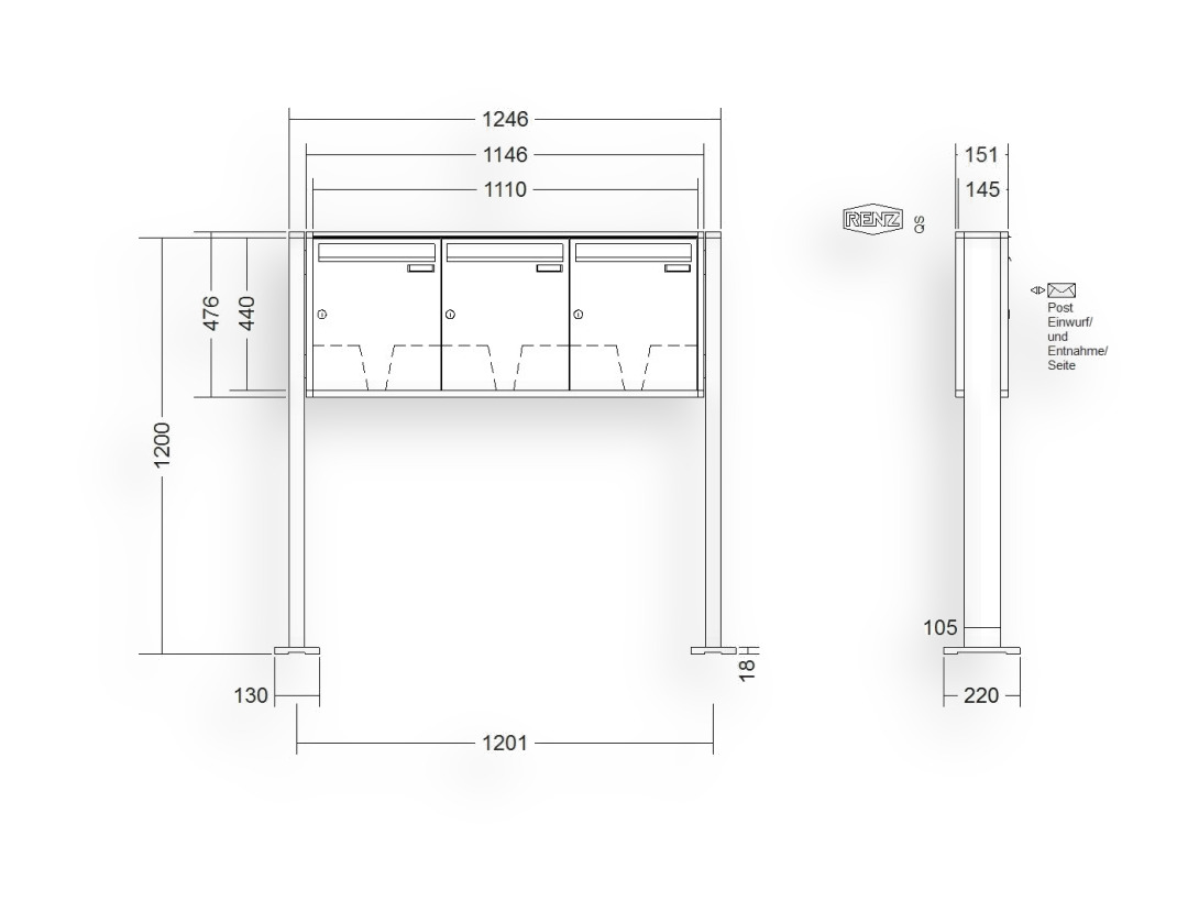 RENZ Briefkastenanlage freistehend · 3-teilig 370 × 440 × 145 mm QUADRA lackiert mit Fuß RENZ Briefkastenanlage freistehend · 3-teilig 370 × 440 × 145 mm QUADRA lackiert mit Fuß