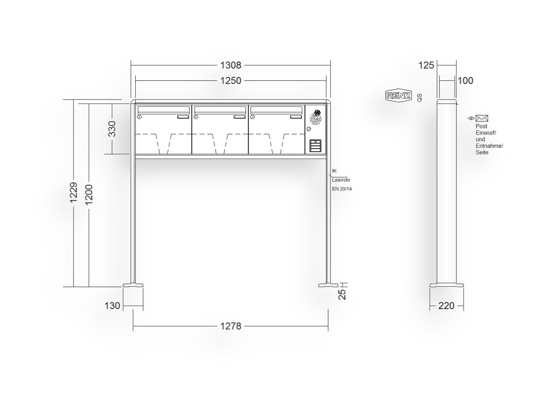 RENZ Briefkastenanlage freistehend · 3-teilig Installationskasten rechts 370 × 330 × 100 mm RS 2000 lackiert mit Fuß RENZ Briefkastenanlage freistehend · 3-teilig Installationskasten rechts 370 × 330 × 100 mm RS 2000 lackiert mit F