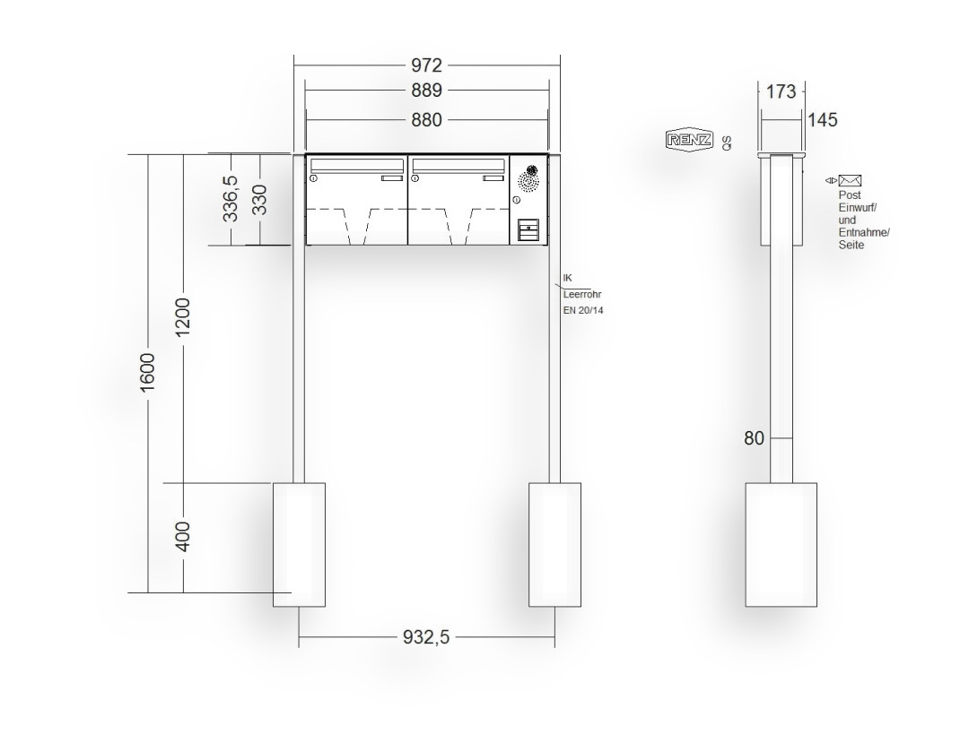RENZ Briefkastenanlage freistehend · BASIC (B) · 2-teilig 370 × 330 × 145 mm FS. Typ B Installationskasten rechts lackiert RENZ Briefkastenanlage freistehend · BASIC (B) · 2-teilig 370 × 330 × 145 mm FS. Typ B Installationskasten rechts