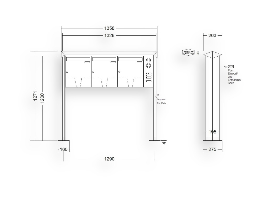 RENZ Briefkastenanlage freistehend · 3-teilig Installationskasten rechts 370 × 440 × 145 mm Edelstahl Prisma mit Fußplat RENZ Briefkastenanlage freistehend · 3-teilig Installationskasten rechts 370 × 440 × 145 mm Edelstahl Prisma mit F