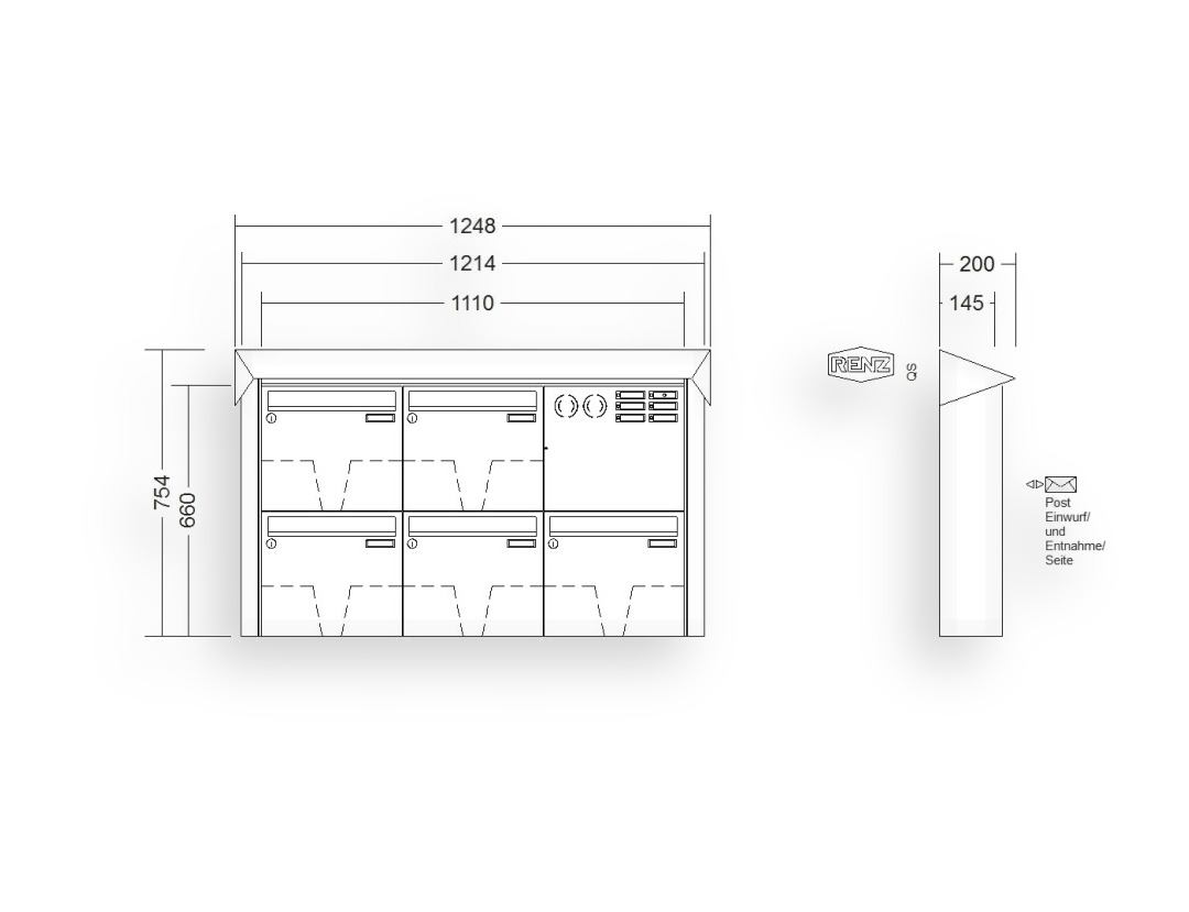 RENZ Briefkastenanlage Aufputz · 5-teilig Installationskasten rechts 370 × 330 × 145 mm Edelstahl Prisma RENZ Briefkastenanlage Aufputz · 5-teilig Installationskasten rechts 370 × 330 × 145 mm Edelstahl Prisma