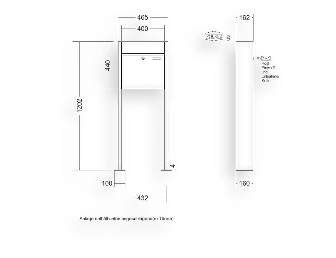 RENZ Briefkastenanlage freistehend · 1-teilig RENZ PLAN 400 × 440 × 160 mm FS Edel. mit Fußplatt RENZ Briefkastenanlage freistehend · 1-teilig RENZ PLAN 400 × 440 × 160 mm FS Edel. mit Fußplatt