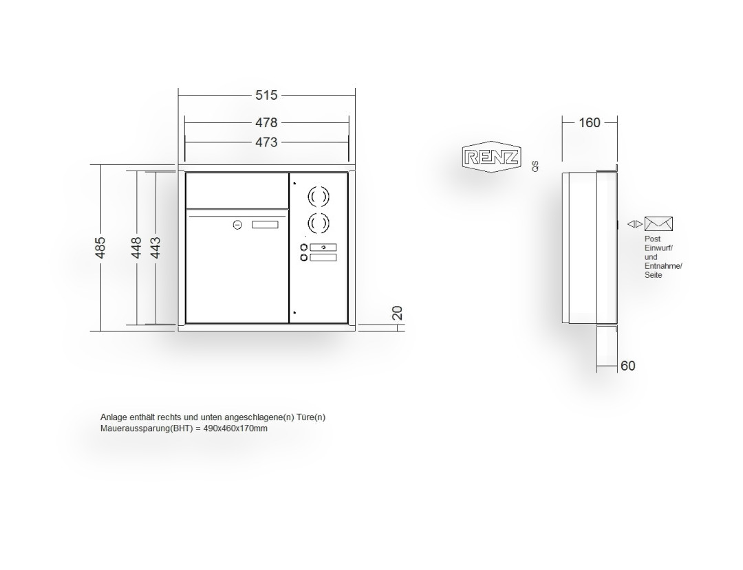 RENZ Briefkastenanlage Unterputz · 1-teilig RENZ PLAN 300 × 440 × 160 mm UP Installationskasten rechts Edel RENZ Briefkastenanlage Unterputz · 1-teilig RENZ PLAN 300 × 440 × 160 mm UP Installationskasten rechts Edel