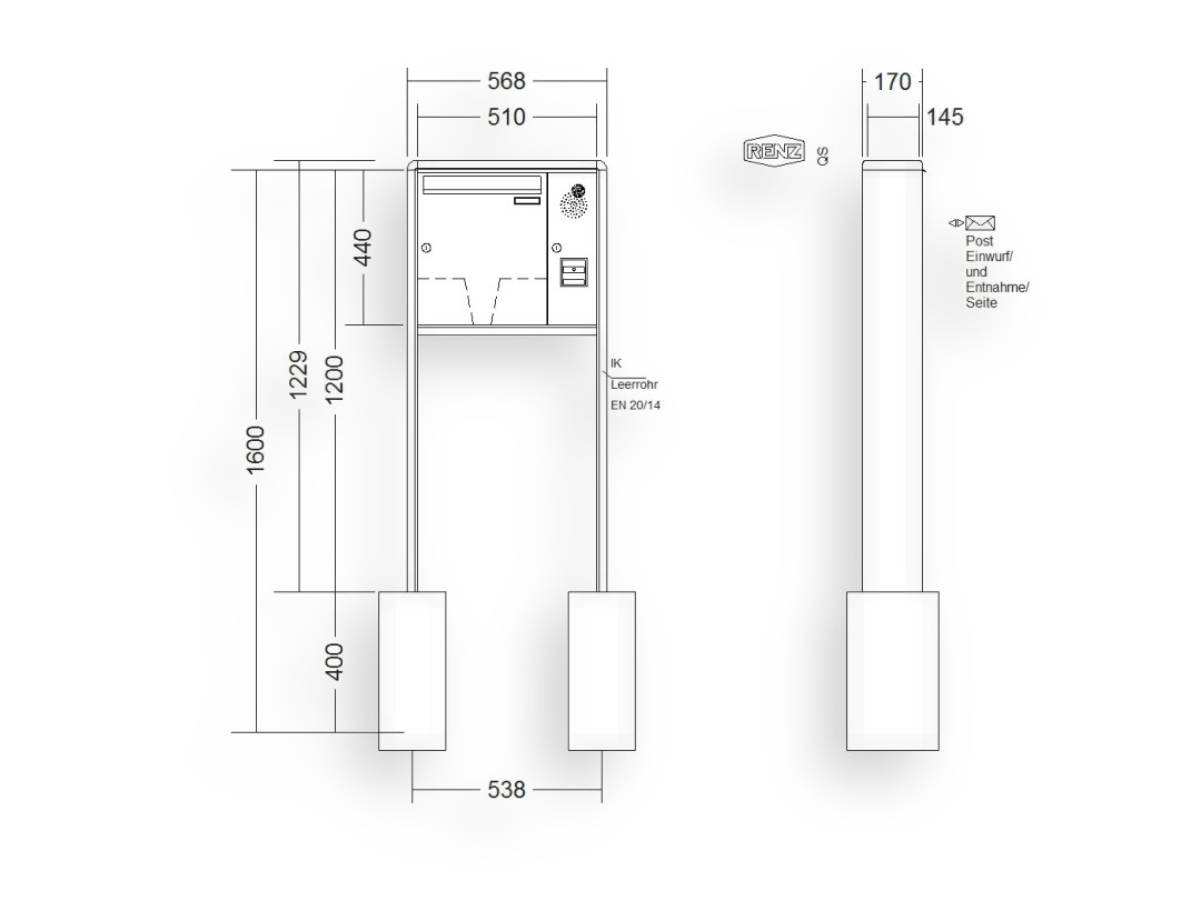 RENZ Briefkastenanlage freistehend · 1-teilig Installationskasten rechts 370 × 440 × 145 mm RS 2000 lackiert RENZ Briefkastenanlage freistehend · 1-teilig Installationskasten rechts 370 × 440 × 145 mm RS 2000 lackiert
