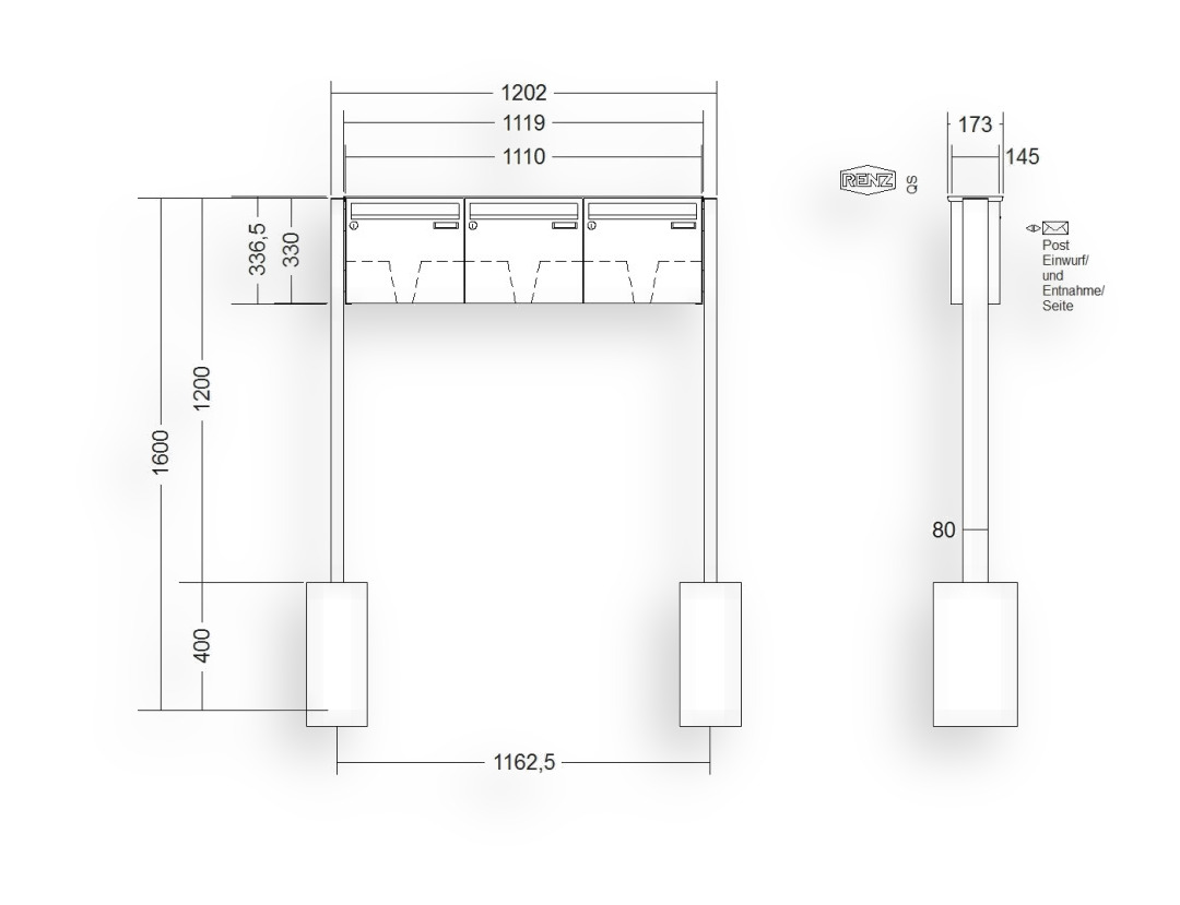 RENZ Briefkastenanlage freistehend · BASIC (B) · 3-teilig 370 × 330 × 145 mm FS. Typ B lackiert RENZ Briefkastenanlage freistehend · BASIC (B) · 3-teilig 370 × 330 × 145 mm FS. Typ B lackiert