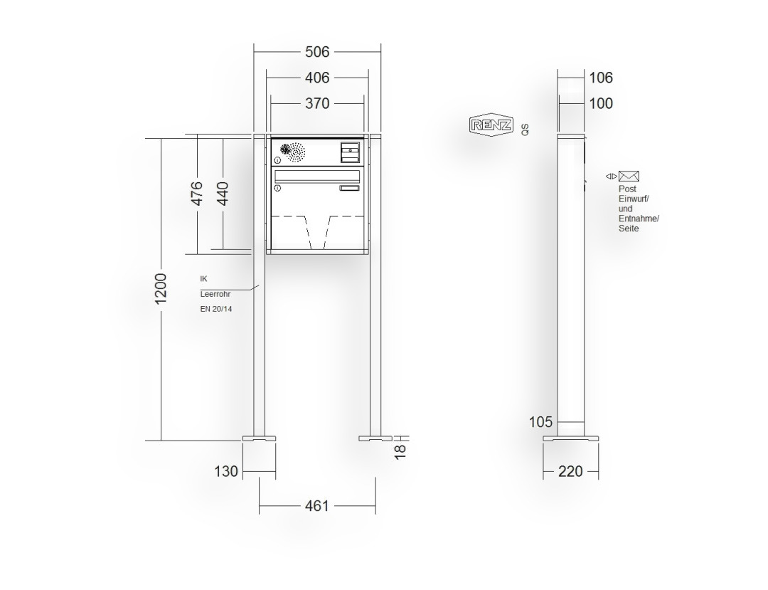 RENZ Briefkastenanlage freistehend · 1-teilig Installationskasten oben 370 × 330 × 100 mm QUADRA lackiert mit Fußp RENZ Briefkastenanlage freistehend · 1-teilig Installationskasten oben 370 × 330 × 100 mm QUADRA lackiert mit Fußp