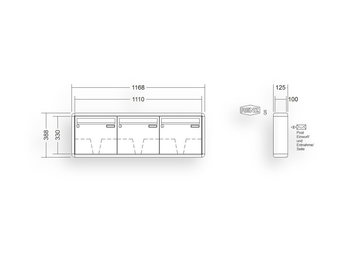 RENZ Briefkastenanlage Aufputz · 3-teilig 370 × 330 × 100 mm RS 2000 lackiert RENZ Briefkastenanlage Aufputz · 3-teilig 370 × 330 × 100 mm RS 2000 lackiert