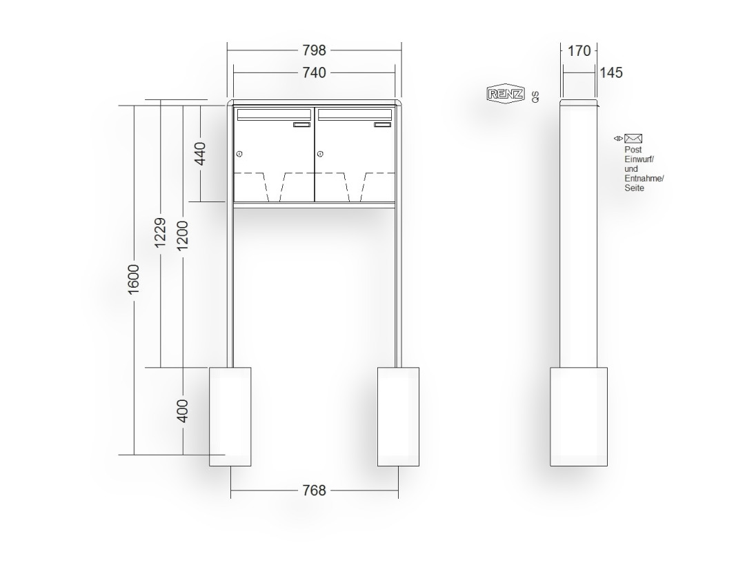 RENZ Briefkastenanlage freistehend · 2-teilig 370 × 440 × 145 mm RS 2000 lackiert RENZ Briefkastenanlage freistehend · 2-teilig 370 × 440 × 145 mm RS 2000 lackiert
