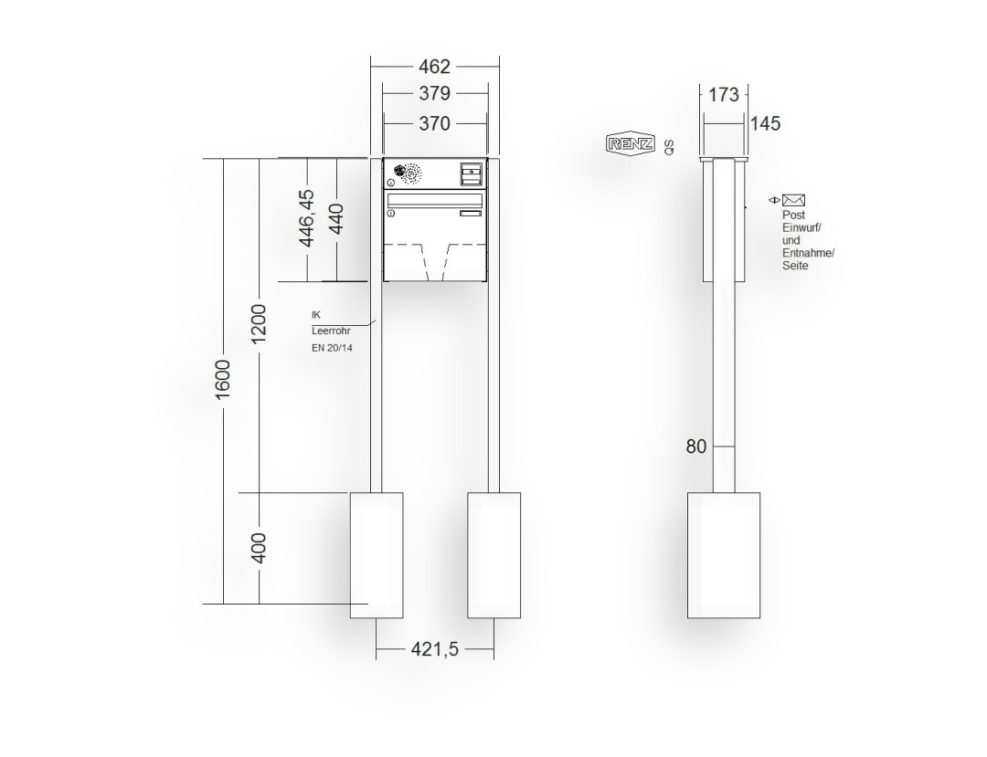 RENZ Briefkastenanlage freistehend · BASIC (B) · 1-teilig 370 × 330 × 145 mm FS. Typ B Inst. Edel RENZ Briefkastenanlage freistehend · BASIC (B) · 1-teilig 370 × 330 × 145 mm FS. Typ B Inst. Edel