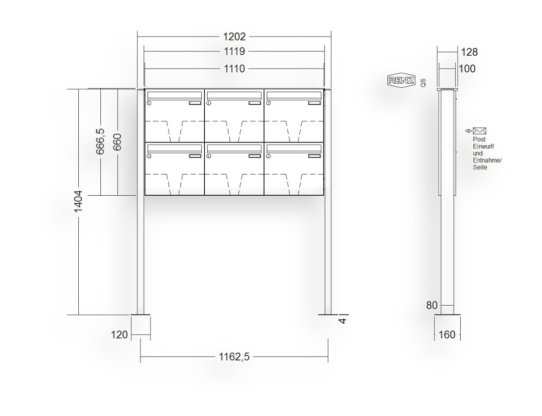 RENZ Briefkastenanlage freistehend · BASIC (B) · 6-teilig 370 × 330 × 100 mm FS. Typ B lackiert mit Fußplatte RENZ Briefkastenanlage freistehend · BASIC (B) · 6-teilig 370 × 330 × 100 mm FS. Typ B lackiert mit Fußplatte