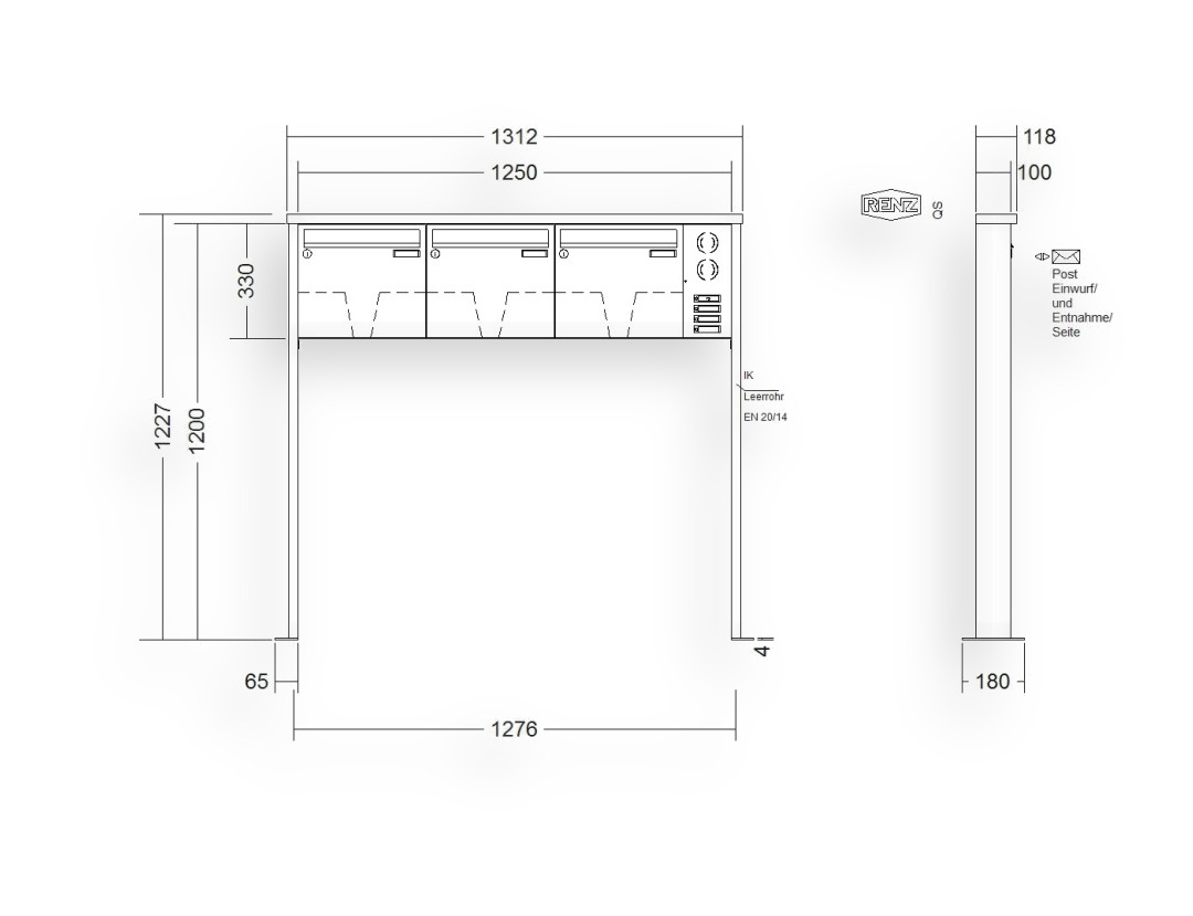 RENZ Briefkastenanlage freistehend · 3-teilig Installationskasten rechts 370 × 330 × 100 mm Edelstahl Tetro mit Fußplat RENZ Briefkastenanlage freistehend · 3-teilig Installationskasten rechts 370 × 330 × 100 mm Edelstahl Tetro mit Fu
