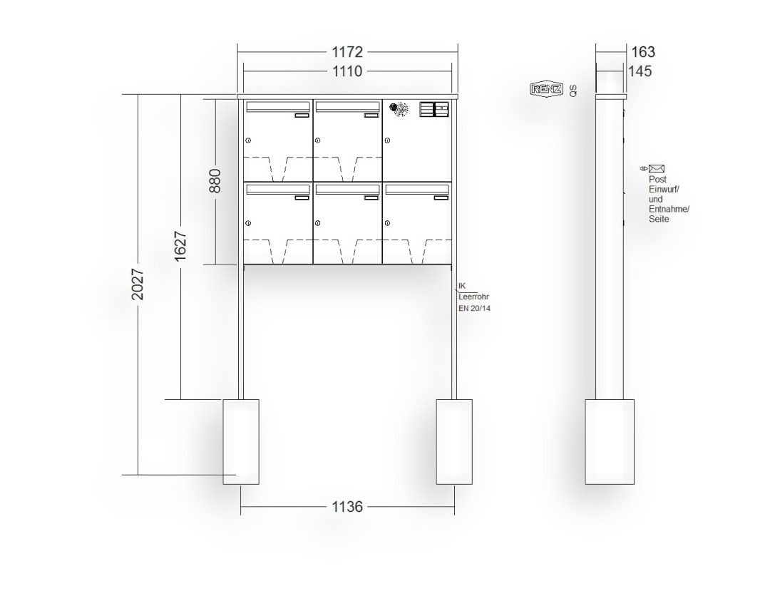 RENZ Briefkastenanlage freistehend · 5-teilig Installationskasten rechts 370 × 440 × 145 mm Tetro lackiert RENZ Briefkastenanlage freistehend · 5-teilig Installationskasten rechts 370 × 440 × 145 mm Tetro lackiert