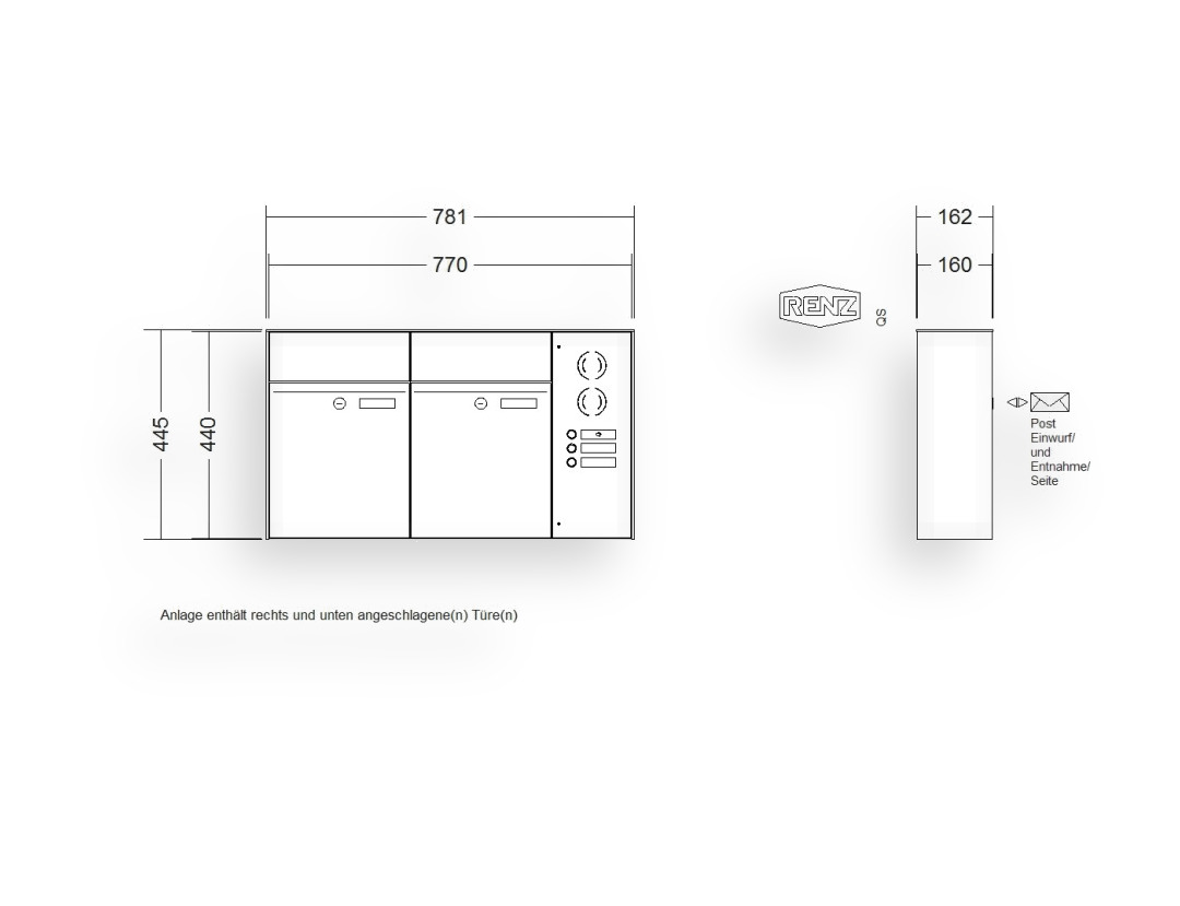 RENZ Briefkastenanlage Aufputz · 2-teilig RENZ PLAN 300 × 440 × 160 mm AP Installationskasten rechts lackiert RENZ Briefkastenanlage Aufputz · 2-teilig RENZ PLAN 300 × 440 × 160 mm AP Installationskasten rechts lackiert