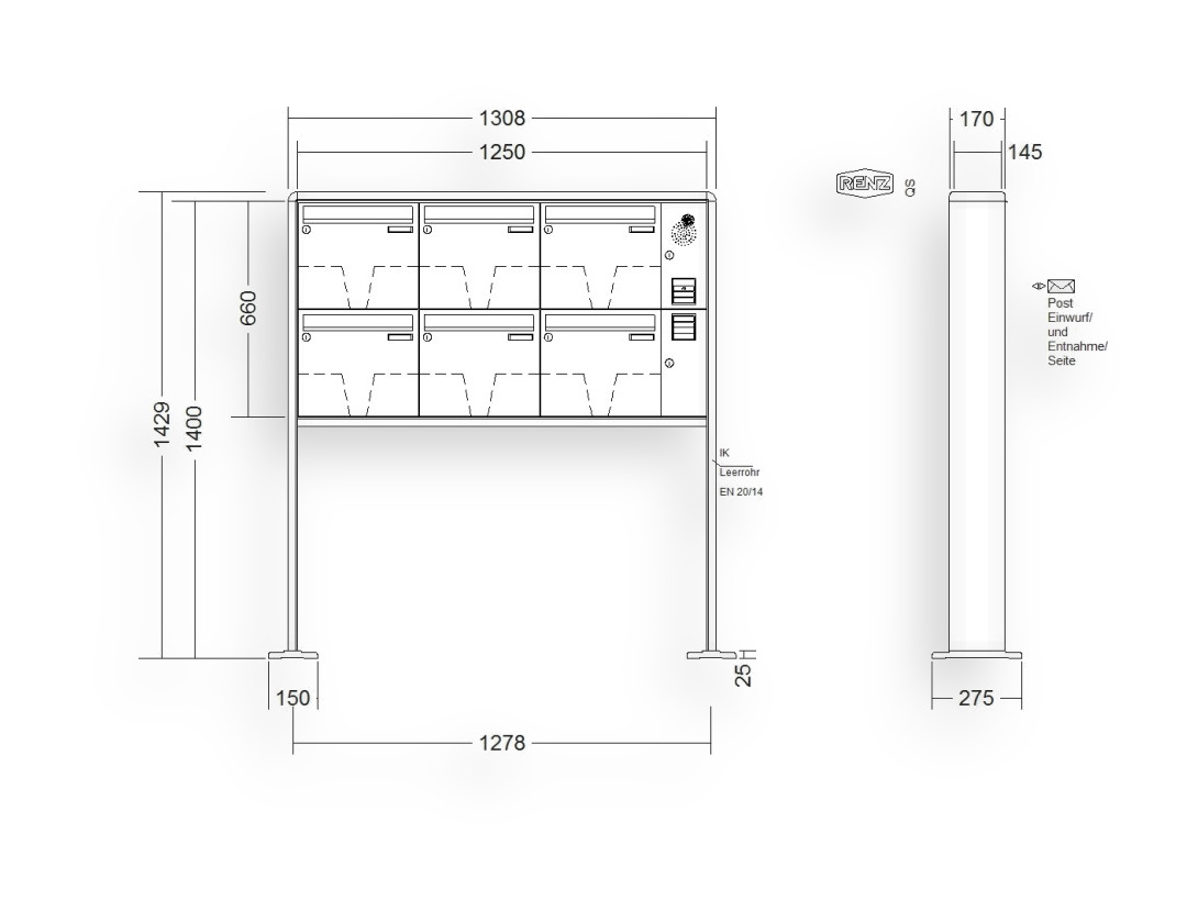 RENZ Briefkastenanlage freistehend · 6-teilig Installationskasten rechts 370 × 330 × 145 mm RS 2000 lackiert mit Fuß RENZ Briefkastenanlage freistehend · 6-teilig Installationskasten rechts 370 × 330 × 145 mm RS 2000 lackiert mit F