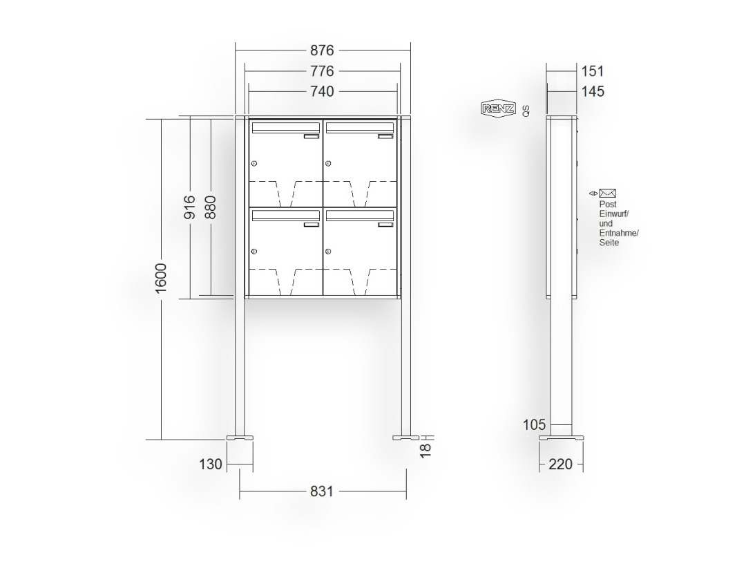 RENZ Briefkastenanlage freistehend · 4-teilig 370 × 440 × 145 mm QUADRA lackiert mit Fuß RENZ Briefkastenanlage freistehend · 4-teilig 370 × 440 × 145 mm QUADRA lackiert mit Fuß