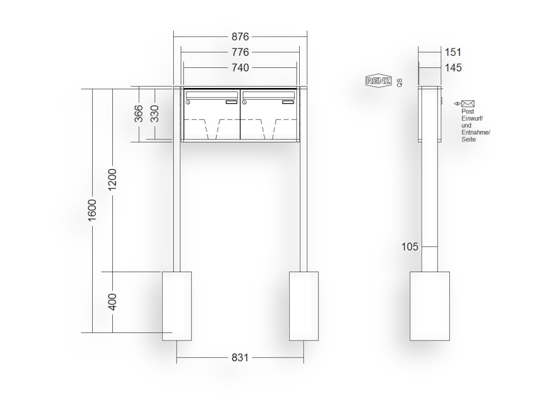 RENZ Briefkastenanlage freistehend · 2-teilig 370 × 330 × 145 mm QUADRA lackiert RENZ Briefkastenanlage freistehend · 2-teilig 370 × 330 × 145 mm QUADRA lackiert