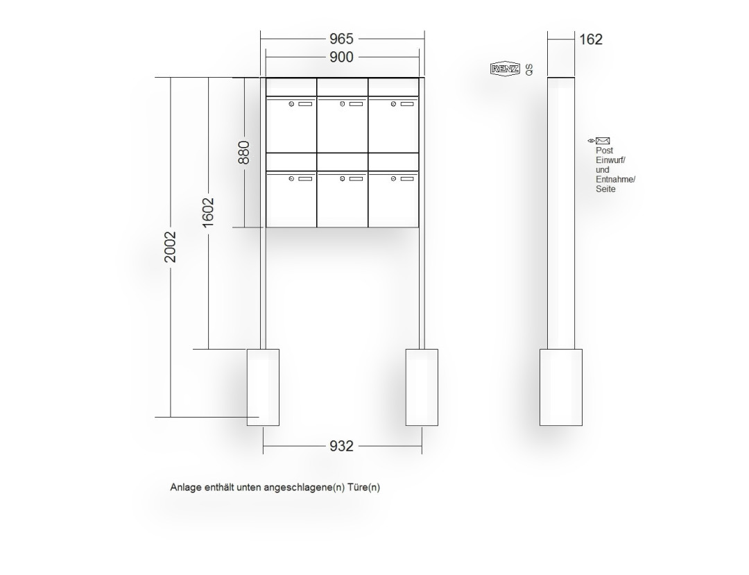 RENZ Briefkastenanlage freistehend · 6-teilig RENZ PLAN 300 × 440 × 160 mm FS Edelstahl RENZ Briefkastenanlage freistehend · 6-teilig RENZ PLAN 300 × 440 × 160 mm FS Edelstahl