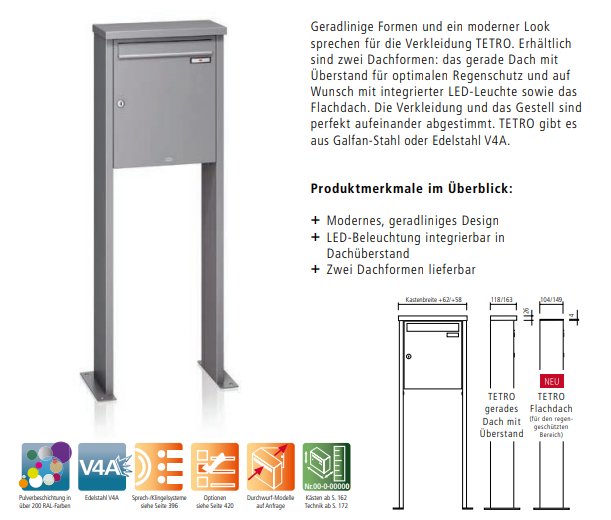 RENZ Tetro freistehende Briefkastenanlage – Katalogbild mit technischer Zeichnung, zwei Dachformen (gerades Dach und Flachdach)