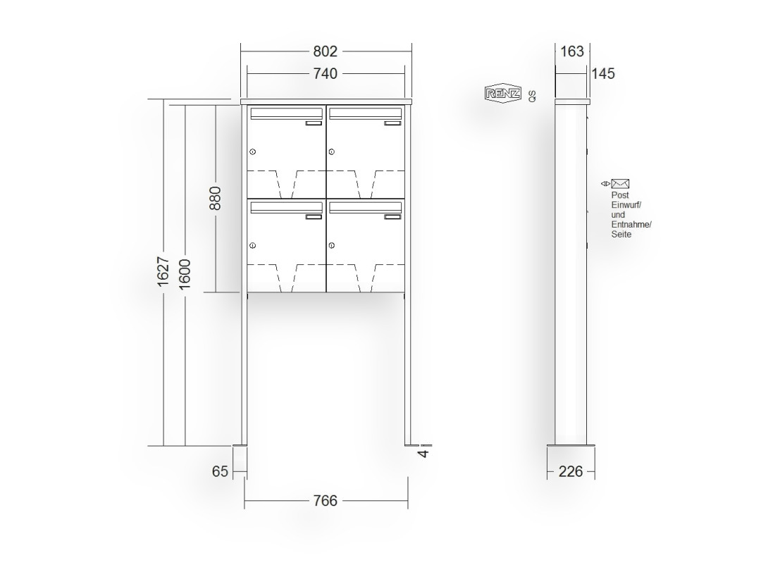 RENZ Briefkastenanlage freistehend · 4-teilig 370 × 440 × 145 mm Tetro lackiert mit Fußplatten RENZ Briefkastenanlage freistehend · 4-teilig 370 × 440 × 145 mm Tetro lackiert mit Fußplatten