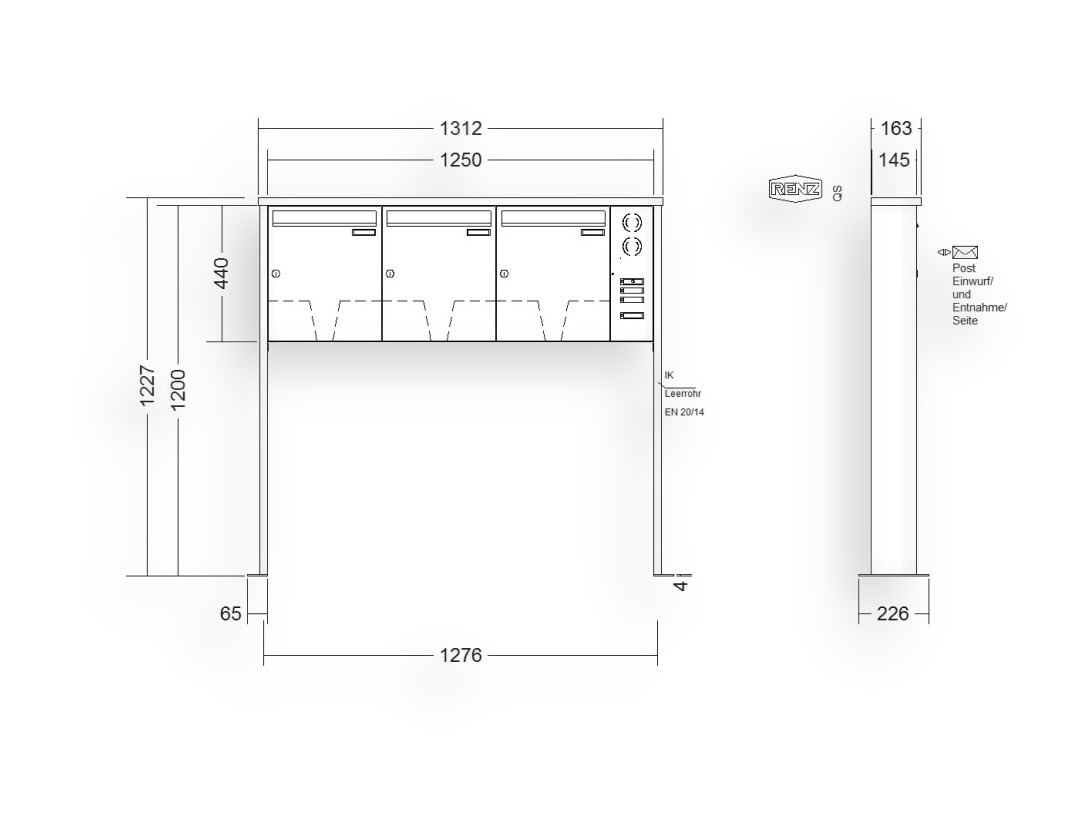 RENZ Briefkastenanlage freistehend · 3-teilig Installationskasten rechts 370 × 440 × 145 mm Edelstahl Tetro mit Fußplat RENZ Briefkastenanlage freistehend · 3-teilig Installationskasten rechts 370 × 440 × 145 mm Edelstahl Tetro mit Fu