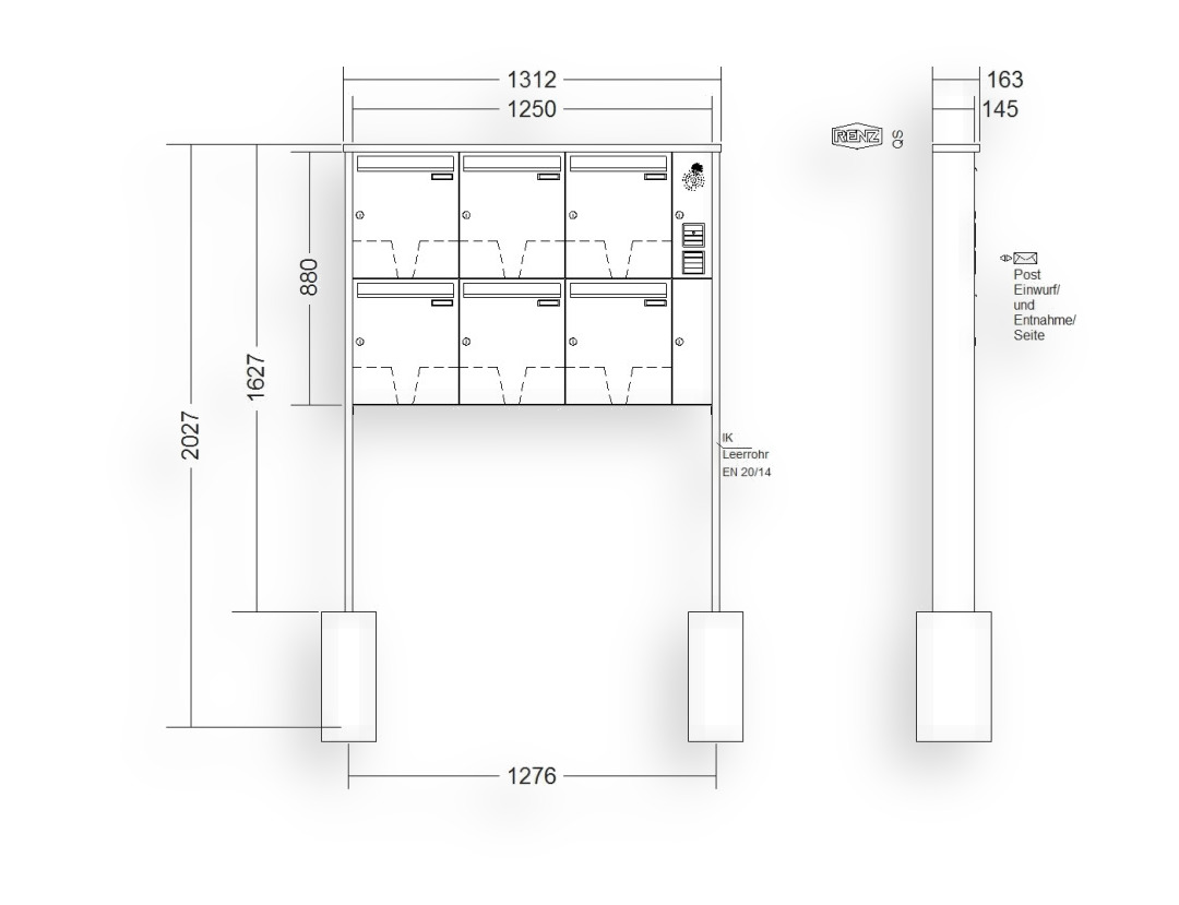 RENZ Briefkastenanlage freistehend · 6-teilig Installationskasten rechts 370 × 440 × 145 mm Tetro lackiert RENZ Briefkastenanlage freistehend · 6-teilig Installationskasten rechts 370 × 440 × 145 mm Tetro lackiert