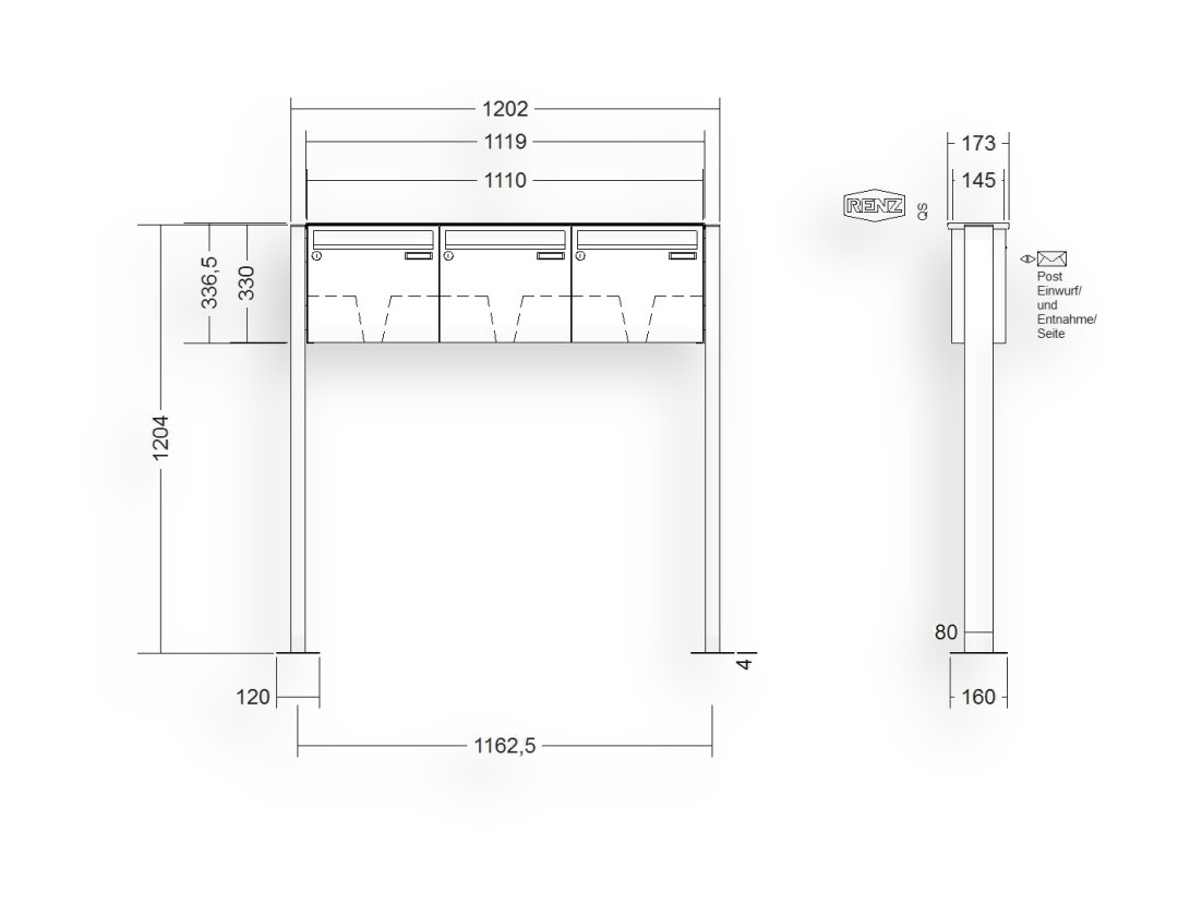RENZ Briefkastenanlage freistehend · BASIC (B) · 3-teilig 370 × 330 × 145 mm FS. Typ B lackiert mit Fußplatte
