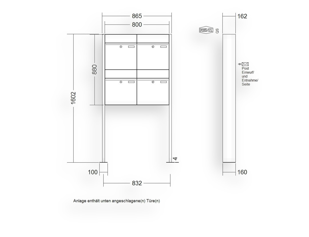 RENZ Briefkastenanlage freistehend · 4-teilig RENZ PLAN 400 × 440 × 160 mm FS lackiert mit Fußplatt RENZ Briefkastenanlage freistehend · 4-teilig RENZ PLAN 400 × 440 × 160 mm FS lackiert mit Fußplatt