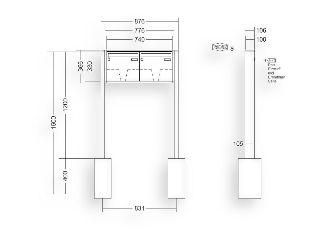 RENZ Briefkastenanlage freistehend · 2-teilig 370 × 330 × 100 mm QUADRA lackiert RENZ Briefkastenanlage freistehend · 2-teilig 370 × 330 × 100 mm QUADRA lackiert