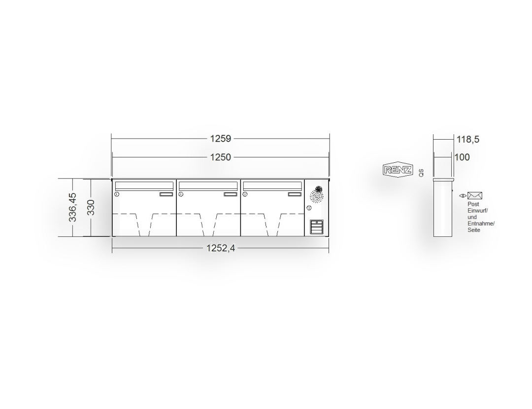RENZ Briefkastenanlage Aufputz · BASIC (B) · 3-teilig 370 × 330 × 100 mm AP. Typ B Installationskasten rechts Edel RENZ Briefkastenanlage Aufputz · BASIC (B) · 3-teilig 370 × 330 × 100 mm AP. Typ B Installationskasten rechts Edel