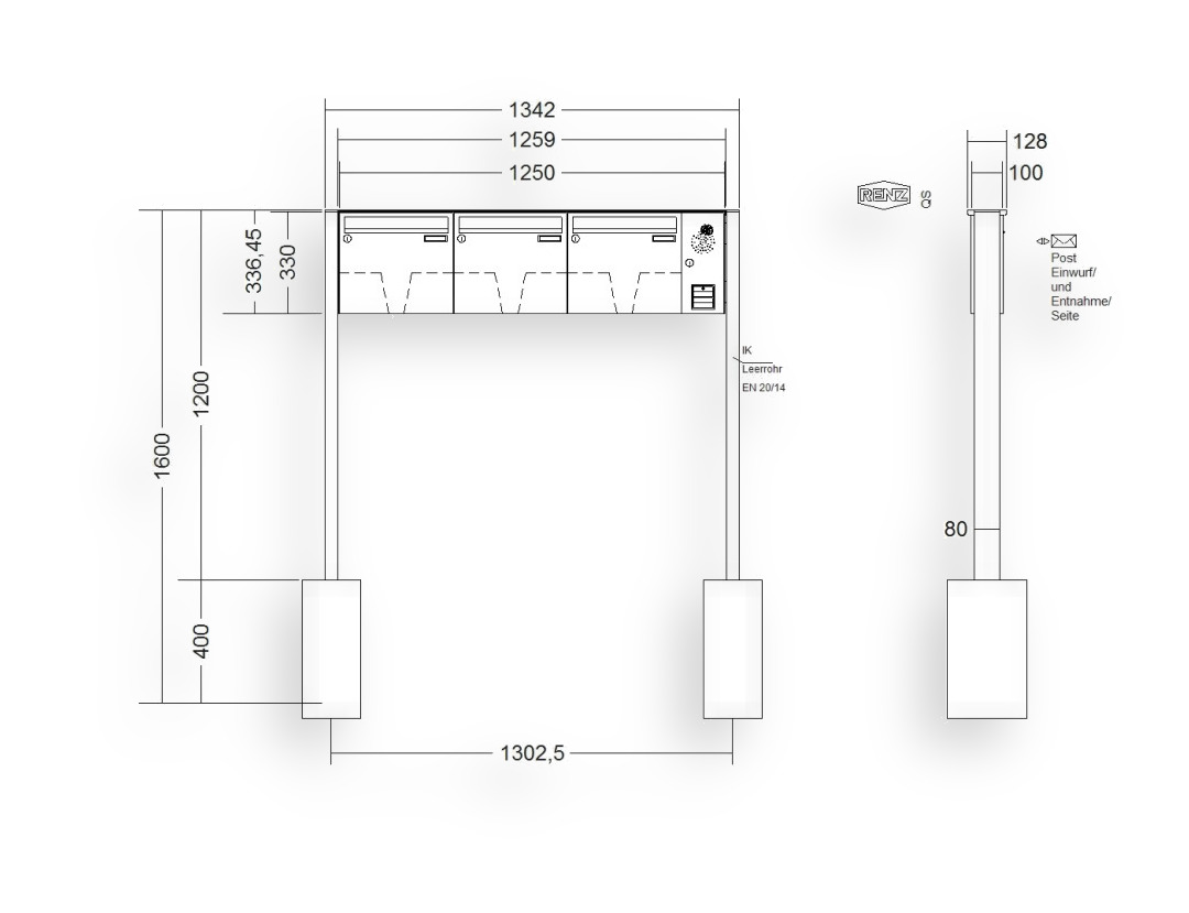 RENZ Briefkastenanlage freistehend · BASIC (B) · 3-teilig 370 × 330 × 100 mm FS. Typ B Installationskasten rechts Edel RENZ Briefkastenanlage freistehend · BASIC (B) · 3-teilig 370 × 330 × 100 mm FS. Typ B Installationskasten rechts