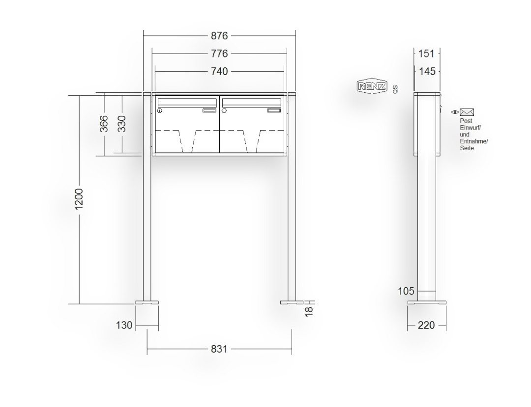 RENZ Briefkastenanlage freistehend · 2-teilig 370 × 330 × 145 mm QUADRA lackiert mit Fuß RENZ Briefkastenanlage freistehend · 2-teilig 370 × 330 × 145 mm QUADRA lackiert mit Fuß
