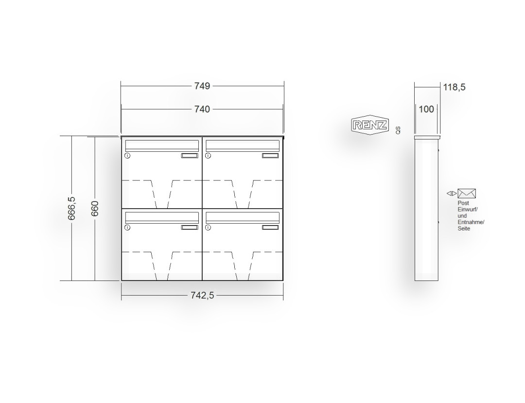 RENZ Briefkastenanlage Aufputz · BASIC (B) · 4-teilig 370 × 330 × 100 mm AP. Typ B lackiert RENZ Briefkastenanlage Aufputz · BASIC (B) · 4-teilig 370 × 330 × 100 mm AP. Typ B lackiert