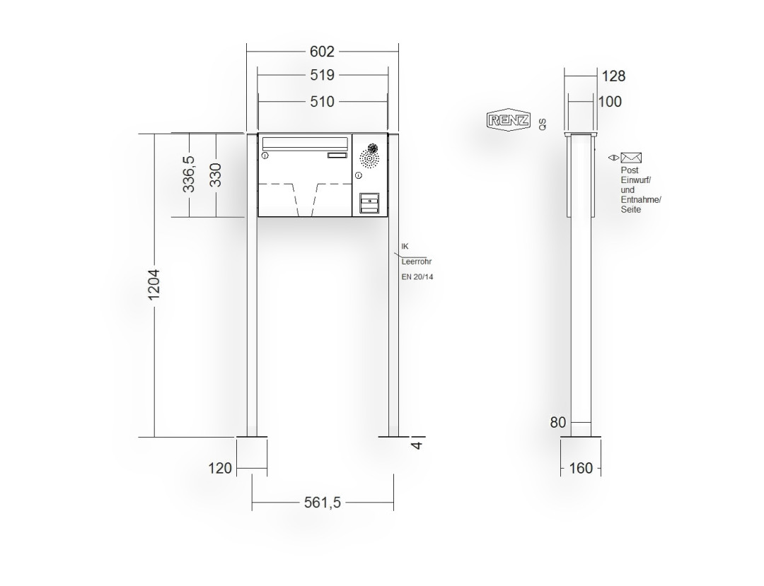 RENZ Briefkastenanlage freistehend · BASIC (B) · 1-teilig 370 × 330 × 100 mm FS. Typ B Installationskasten rechts