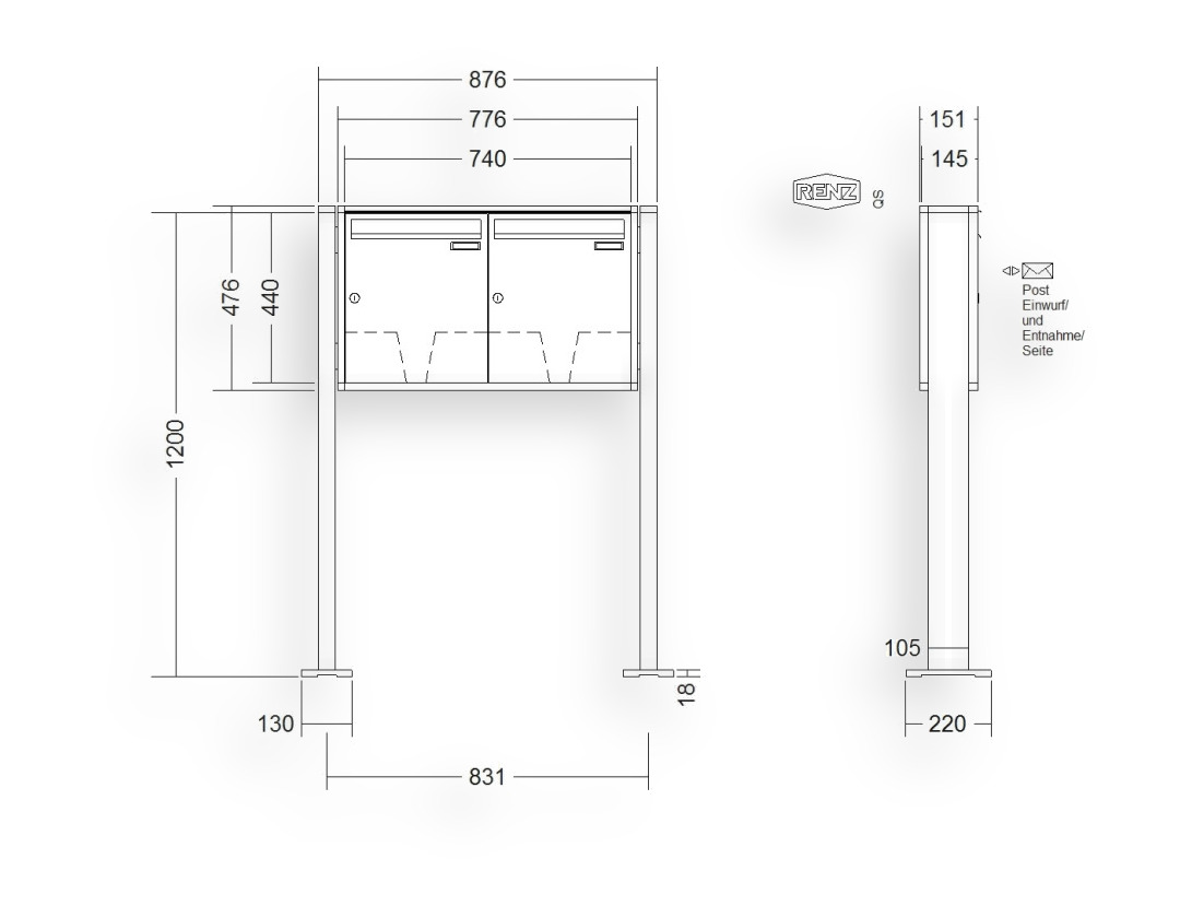 RENZ Briefkastenanlage freistehend · 2-teilig 370 × 440 × 145 mm QUADRA lackiert mit Fuß RENZ Briefkastenanlage freistehend · 2-teilig 370 × 440 × 145 mm QUADRA lackiert mit Fuß
