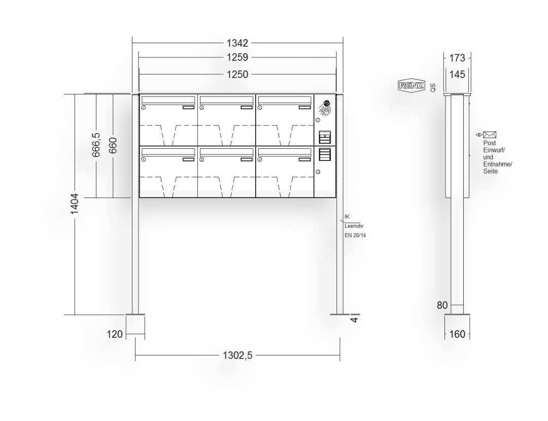 RENZ Briefkastenanlage freistehend · BASIC (B) · 6-teilig 370 × 330 × 145 mm FS. Typ B Installationskasten rechts lackiert mit F RENZ Briefkastenanlage freistehend · BASIC (B) · 6-teilig 370 × 330 × 145 mm FS. Typ B Installationskasten rechts