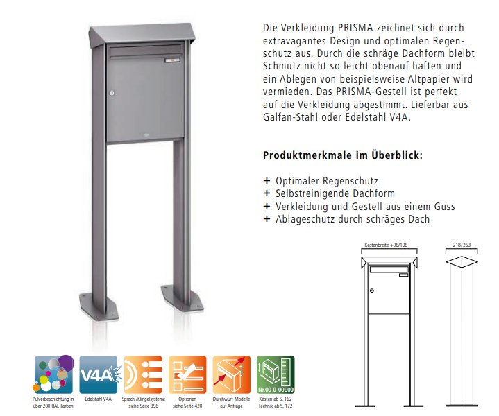 RENZ Prisma freistehende Briefkastenanlage – Katalogbild mit Maßzeichnung und Schrägdach