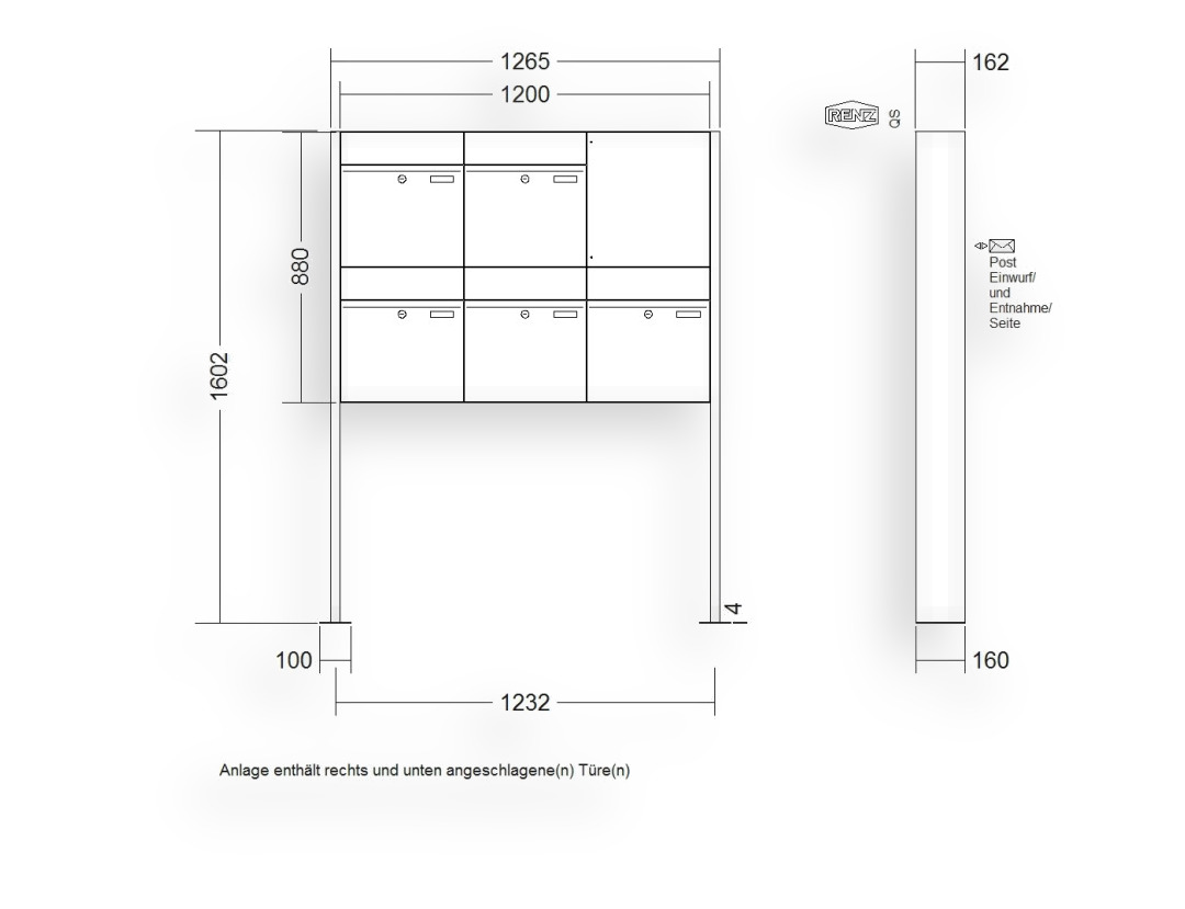 RENZ Briefkastenanlage freistehend · 5-teilig RENZ PLAN 400 × 440 × 160 mm FS lackiert mit Fußplatt RENZ Briefkastenanlage freistehend · 5-teilig RENZ PLAN 400 × 440 × 160 mm FS lackiert mit Fußplatt