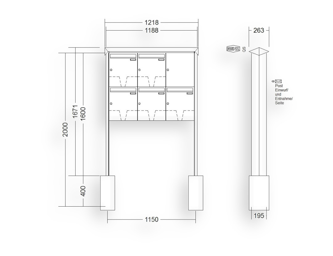 RENZ Briefkastenanlage freistehend · 5-teilig 370 × 440 × 145 mm Prisma lackiert RENZ Briefkastenanlage freistehend · 5-teilig 370 × 440 × 145 mm Prisma lackiert