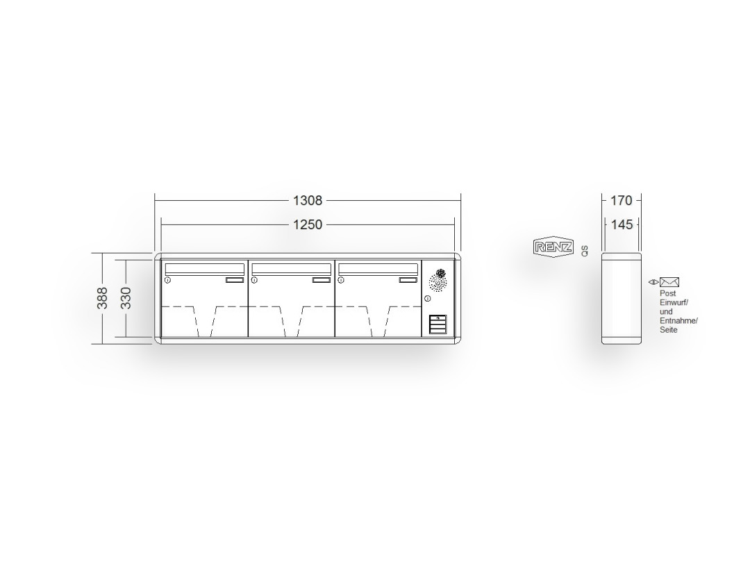 RENZ Briefkastenanlage Aufputz · 3-teilig Installationskasten rechts 370 × 330 × 145 mm RS 2000 lackiert