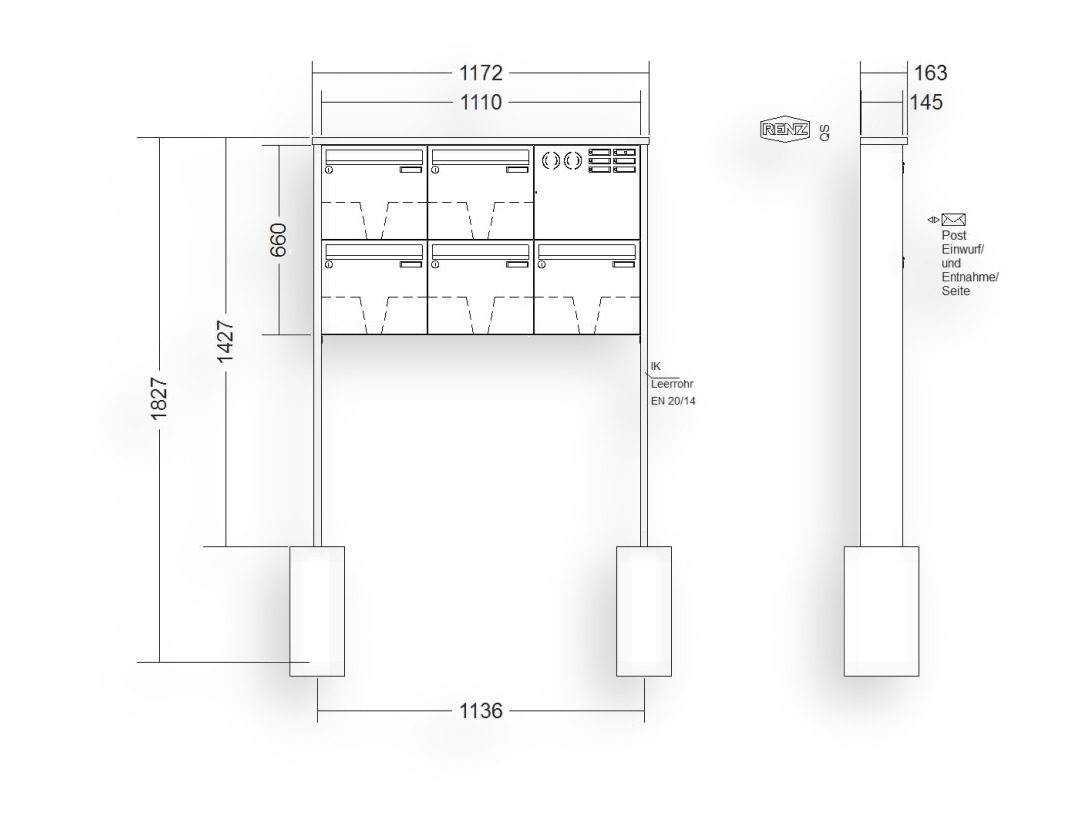 RENZ Briefkastenanlage freistehend · 5-teilig Installationskasten rechts 370 × 330 × 145 mm Edelstahl Tetro RENZ Briefkastenanlage freistehend · 5-teilig Installationskasten rechts 370 × 330 × 145 mm Edelstahl Tetro