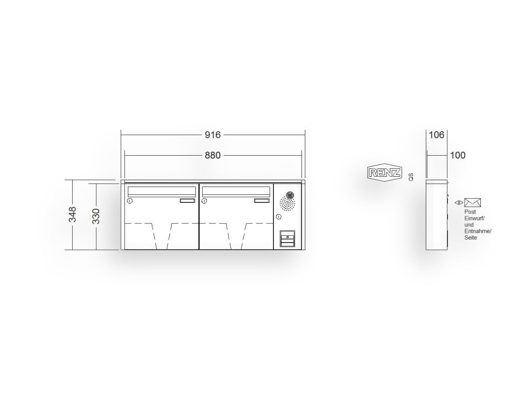 RENZ Briefkastenanlage Aufputz · 2-teilig Installationskasten rechts 370 × 330 × 100 mm QUADRA lackiert RENZ Briefkastenanlage Aufputz · 2-teilig Installationskasten rechts 370 × 330 × 100 mm QUADRA lackiert