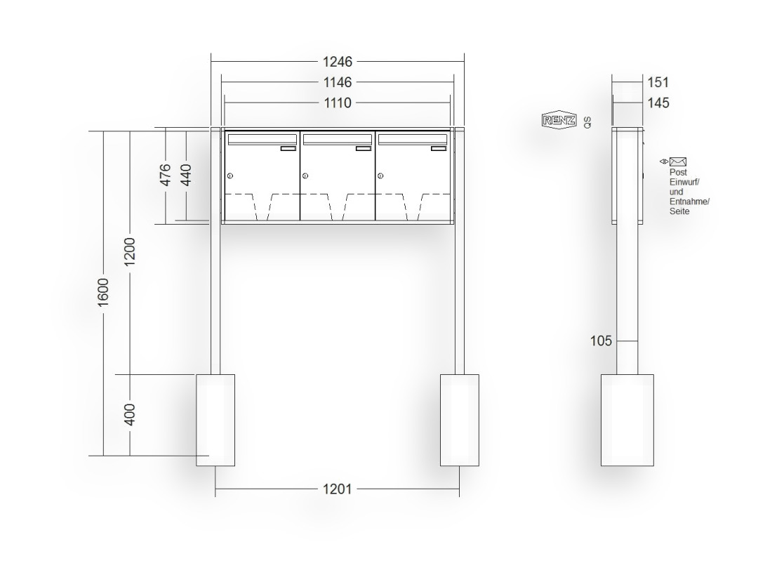 RENZ Briefkastenanlage freistehend · 3-teilig 370 × 440 × 145 mm QUADRA lackiert